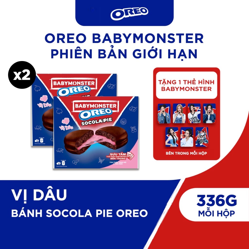 [TẶNG CARD NGẪU NHIÊN] Combo 2 Hộp OREO BABYMONSTER Bánh Socola Pie Vị Vani/Dâu 336g