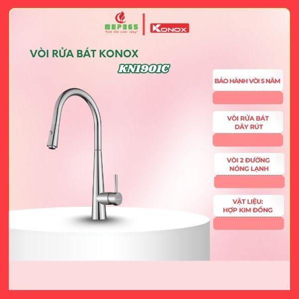 Vòi rửa chén Konox KN1901C, vòi dây rút chất liệu hợp kim đồng