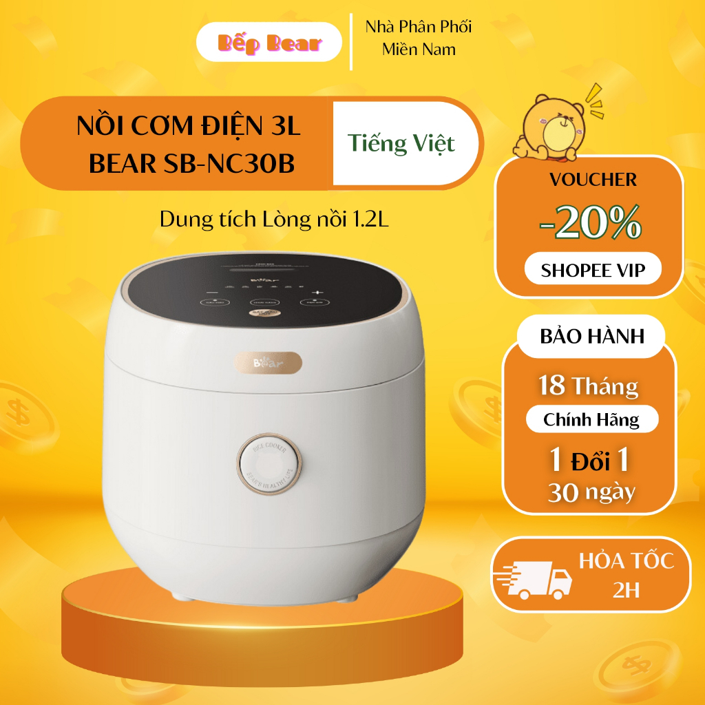 Nồi Cơm Điện Tử Mini Đa Năng Thông Minh Bear SB-NC30B, Nấu Cháo, Hâm Nóng, Làm Bánh, Bản Tiếng Việt_