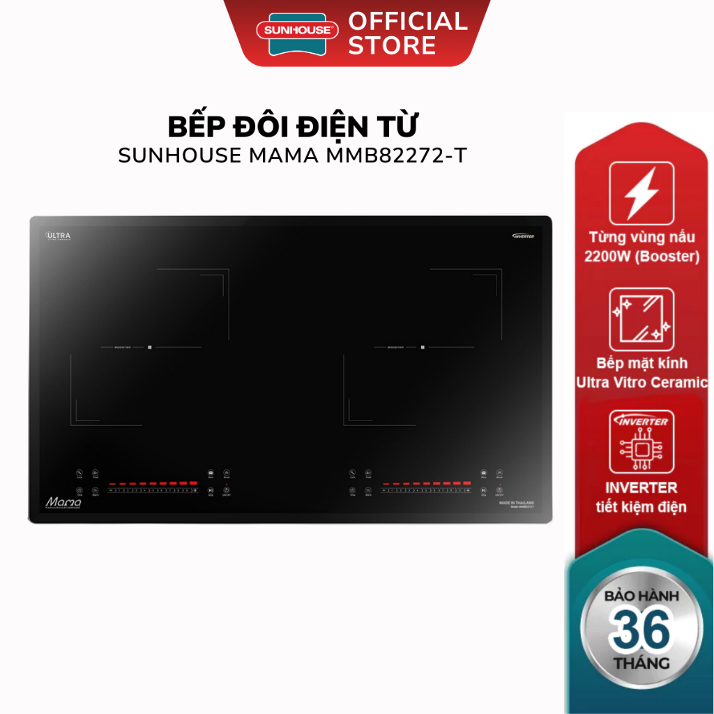 Bếp Đôi Điện Từ Sunhouse MAMA MMB82272-T - Bảo Hành 36 Tháng, Tiết Kiệm Điện, Mặt Kính Sang Trọng