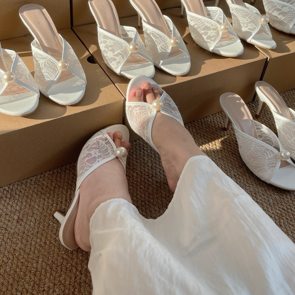 Dép cao gót nữ Blaue Blume Ren trắng đính ngọc dự tiệc cưới - Pearl Heels