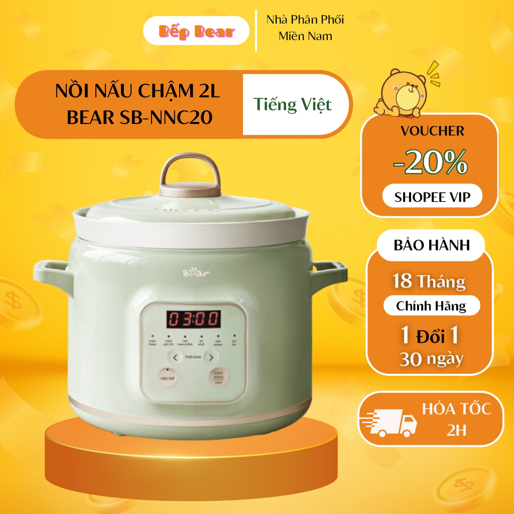 Nồi Nấu Cháo Chậm BEAR 2L Đa Năng Kho Cá Kho Thịt Nấu Cháo Hầm Giữ Ấm Giữ Trọn Dinh Dưỡng Bản Tiếng Việt -SB-NNC20