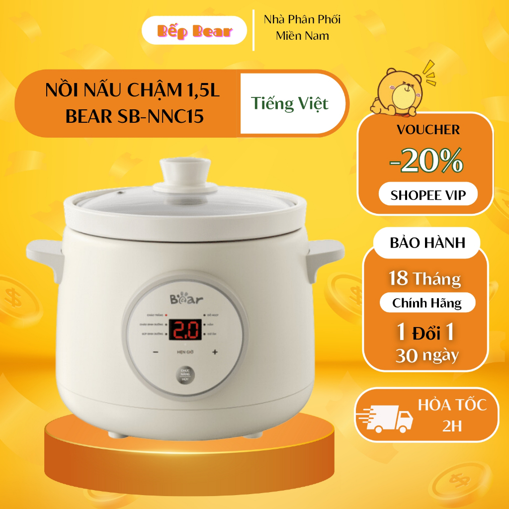 Nồi Nấu Chậm BEAR Đa Năng 1,5L Hầm Nhanh Nấu Chậm Trực Tiếp Kho Thịt Kho Cá SB-NNC15 Bản Tiếng Việt
