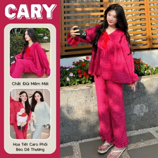  Set đồ bộ nữ babydoll họa tiết sọc caro chất đũi xốp siêu xinh,set pijama kẻ ô mặc nhà bánh bèo tiểu thư CARY 