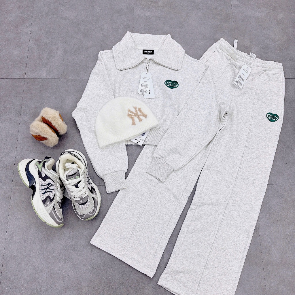 [Auth] Set 3 món nỉ NERDY Xám logo trái tim xanh lá