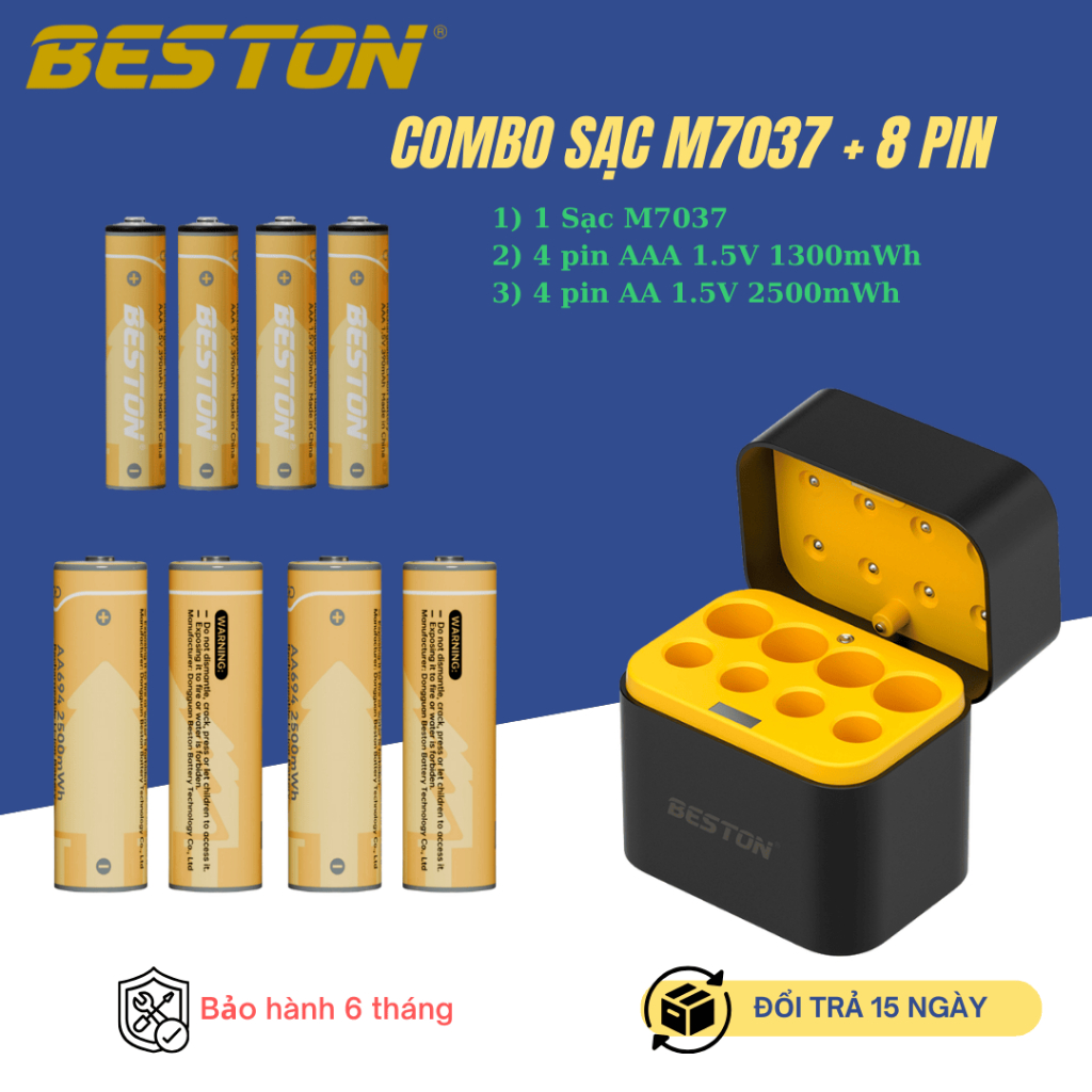 Combo sạc M7037+ 8 pin AA/AAA  2500mWh và 1300mWh,dùng cho misro karaoke,đồ chơi.đồng hồ,tivi.
