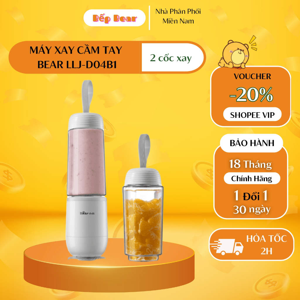 Máy Xay Sinh Tố Cầm Tay Bear, Máy Xay Sinh Tố Mini Bear LLJ-D04B1, 2 Cốc Xay, Bảo Hành 18 Tháng