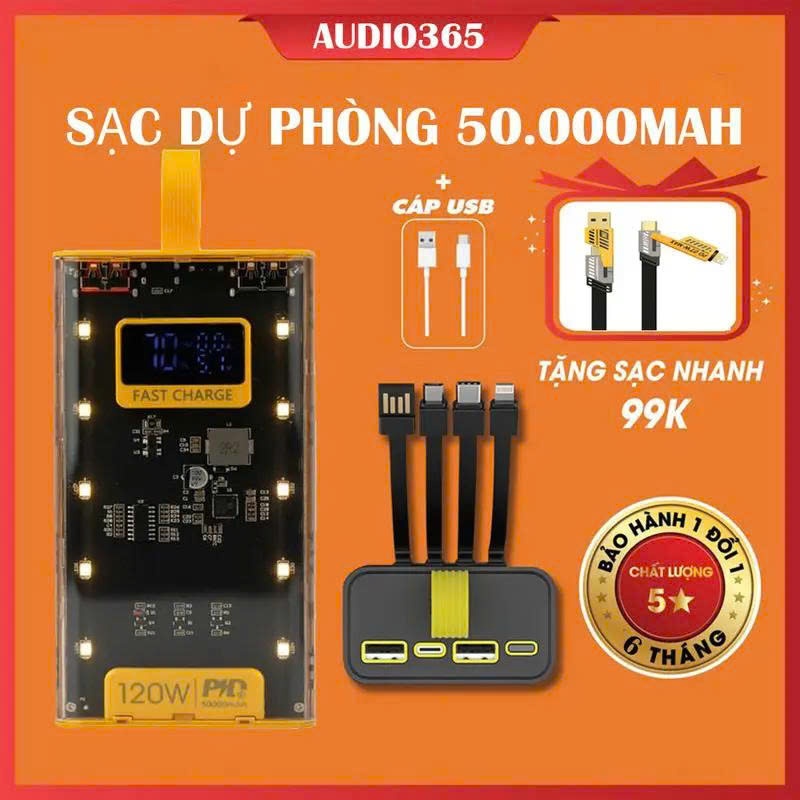 Sạc điện thoại 120W dung lượng 50.000mAh, sạc nhanh PD 22.5W, kèm 4 cáp sạc, có đèn led - AUDIO365
