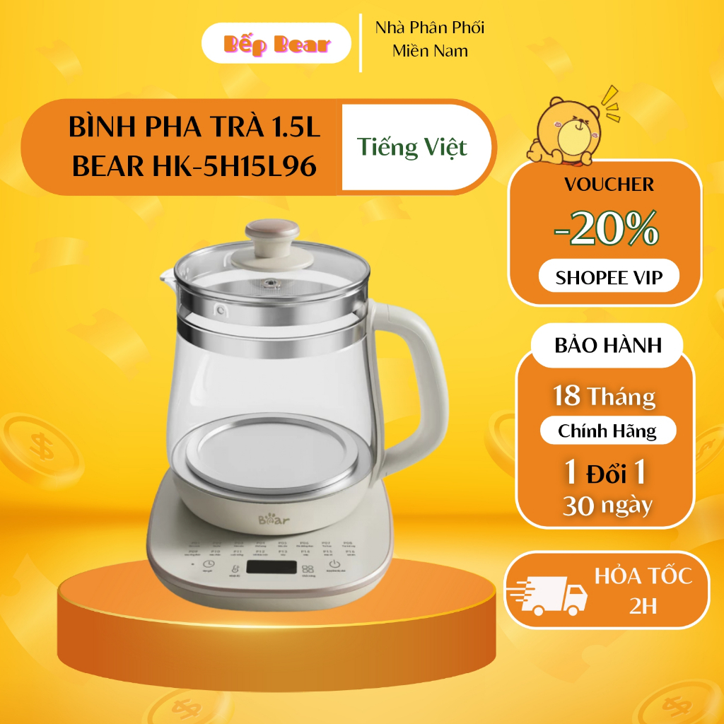 Bình Pha Trà Bear 1.5L Ấm Siêu Tốc Bình Thủy Tinh Đựng Nước Ấm Pha Trà Ấm Trà Bình Thủy Giữ Nhiệt Ấm