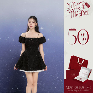  ZAMYSHOP - Váy thiết kế dạ bông dây xích vai đính nơ ngực cách điệu váy đi tiệc sang trọng tiểu thư 