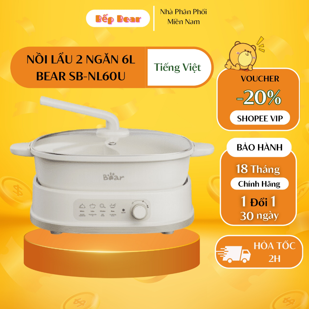 Nồi Lẩu 2 Ngăn Uyên Ương Bear 6L SB-NL60U Chống Dính Sôi Nhanh Đều Công Suất Lớn Bảo Hành 18 Tháng