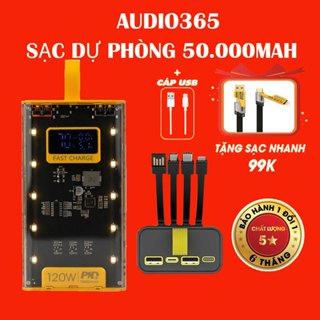 Bộ sạc 50.000mAh, công suất120W, sạc nhanh PD 22.5W, kèm 4 cáp sạc, có đèn led - AUDIO365