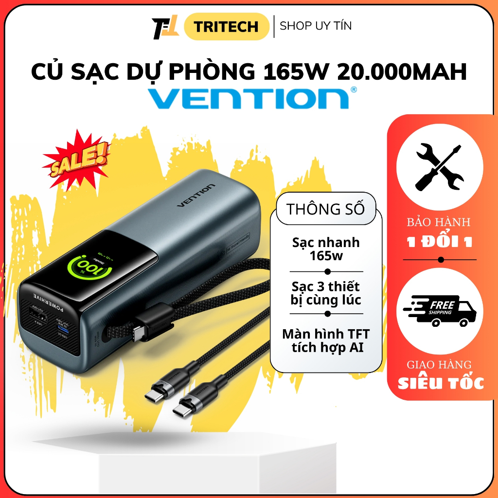 Sạc Dự Phòng Pin 20000mAh 165W Vention Sạc Siêu Tốc, Dây Type-C Tích Hợp, Màn Hình AI Mặt Cười, 2 Cổ