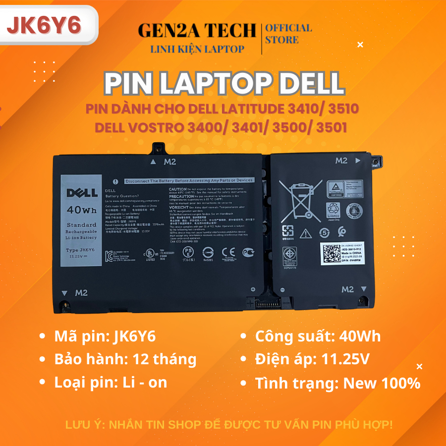 Pin Laptop Dell JK6Y6 CF5RH cho Vostro 3400 3500 5401 5501 5502, Latitude 3410 3510 - 40Wh - Chuẩn Z