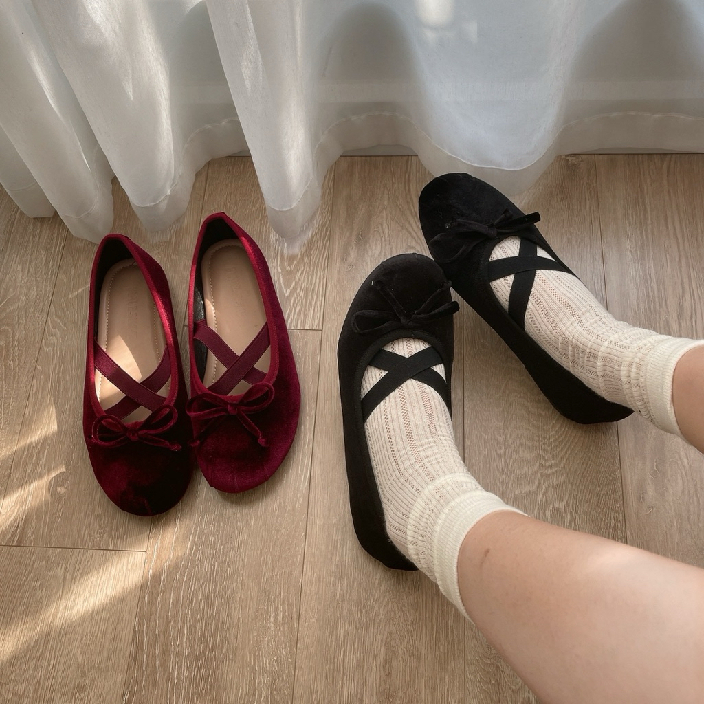 Giày búp bê nữ Blaue Blume nhung quai chéo mũi tròn buộc nơ maryjane ballet - Suzy Ballerina