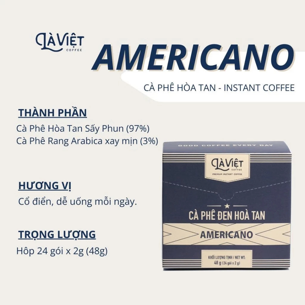 Cà Phê Đen Hòa Tan - Americano LÀ VIỆT - Hộp 24 Gói (2grams/gói)