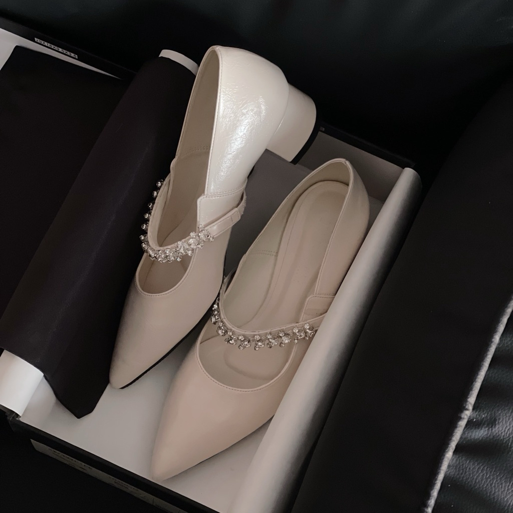 Giày mũi nhọn nữ Blaue Blume quai ngang đính đá gót thấp maryjane thanh lịch - Audrey Pointed Flat