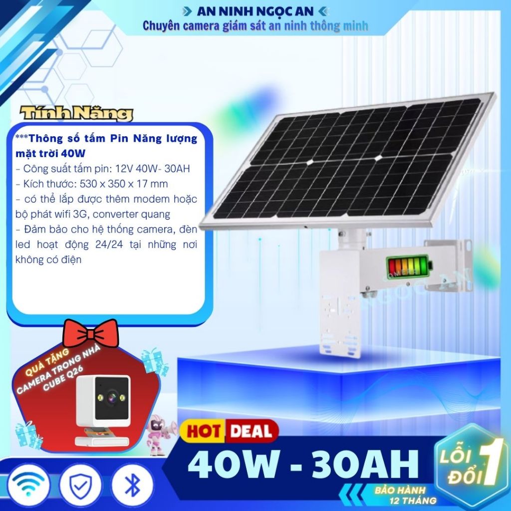(Mua 1 Tặng 2) Bộ nguồn pin năng lượng mặt trời 12V 40W-30AH Tặng Camera CuBe-Q26 Trong nhà
