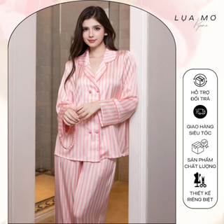  Pijama Tiểu Thư Form Vest Họa Tiết Sọc Hồng Tặng Bịt ắt Vải Lụa Latin Cao Cấp - Đồ Bộ Lụa Mơ LM142 