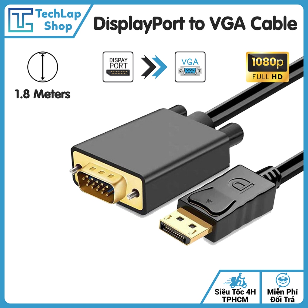 Cáp Chuyển Đổi DisplayPort Sang VGA Dài 1m8 Full HD 1080P - Dây Chuyển DP to VGA Cao Cấp PC, Laptop, Màn Hình, Máy Chếu