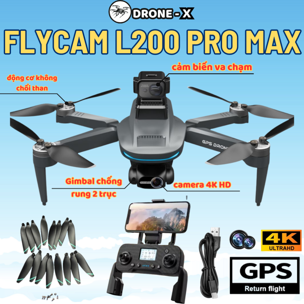 Flycam L200 Pro Max, Trọng Lượng 219g, Camera 4K HD, Hỗ Trợ Thẻ Nhớ, Chống Rung, Drone Mini Giá Rẻ