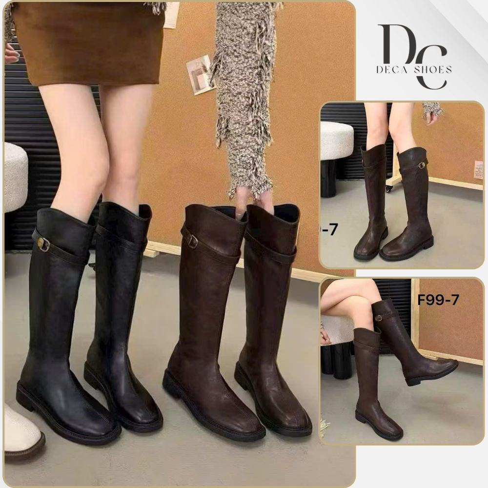 Boot da lì nữ cổ cao có khoa sau kèm đai ngang phong cách, boot nữ dưới đầu gối đế cao 3cm da mềm mạ