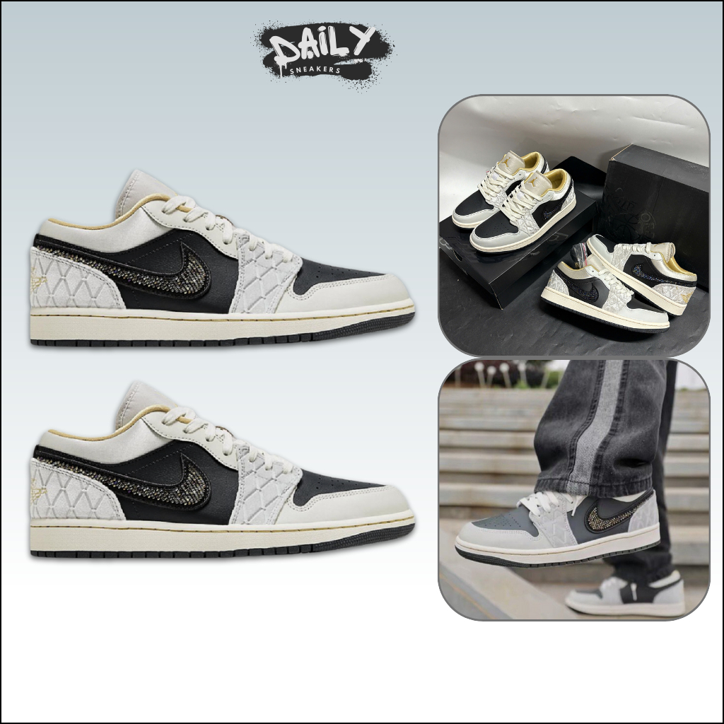 Giày Thể Thao Nike Jordan 1 Low ‘Beaded Swoosh’ – Sneaker JD1 Low Xám Đen Hoạ Tiết Beaded Swoosh Cao