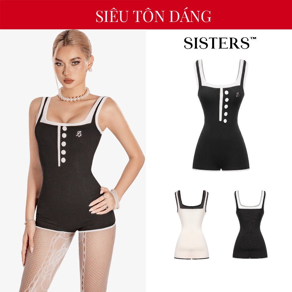 Jumpsuit nữ hai dây phối viền SISTERS thiết kế đính cúc vải kèm logo inox sang trọng dáng ngắn Isobe