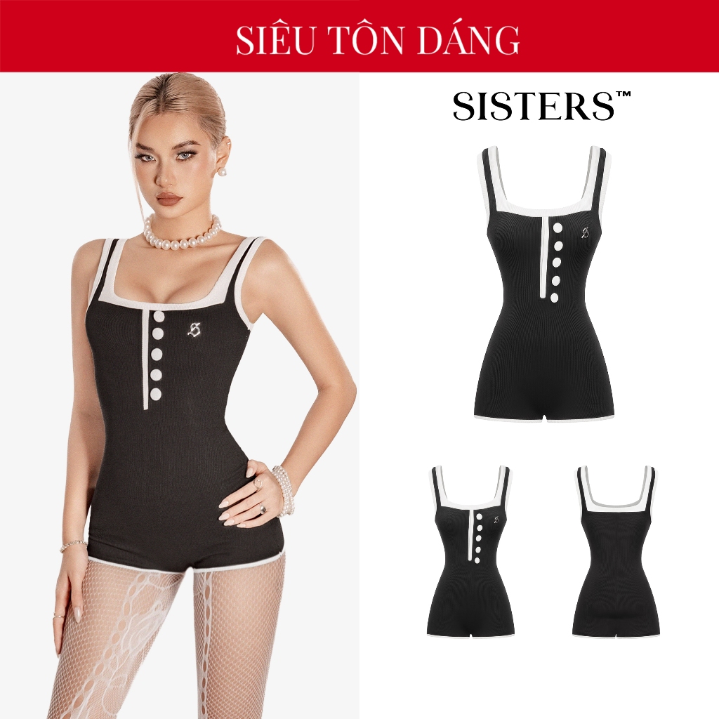 Jumpsuit ngắn nữ dáng hai dây SISTERS màu đen phối viền trắng đính cúc bọc vải thun gân ôm dáng Isob