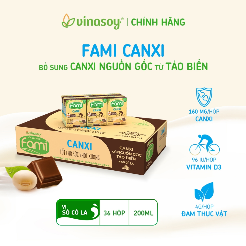 Thùng sữa đậu nành Fami Canxi Vị sô cô la hộp (36 hộp x 200ml)
