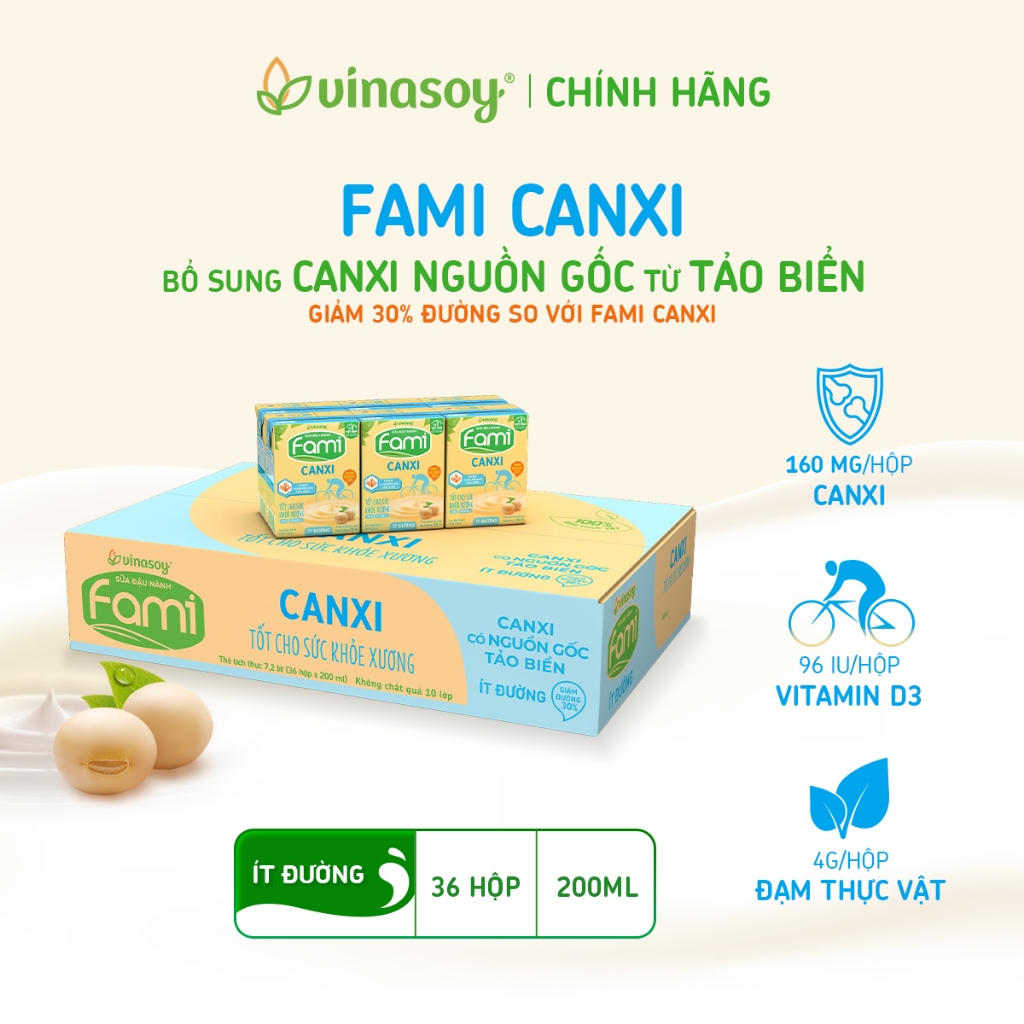 Thùng sữa đậu nành Fami Canxi ít đường (36 hộp x 200ml)