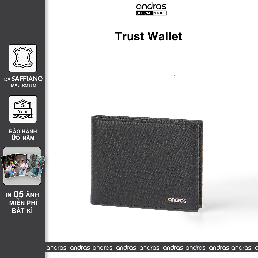   Có Khắc Tên  Ví nam da thật Saffiano gập đôi mini nhỏ gọn cao cấp Trust Wallet Andras Brand - V10 