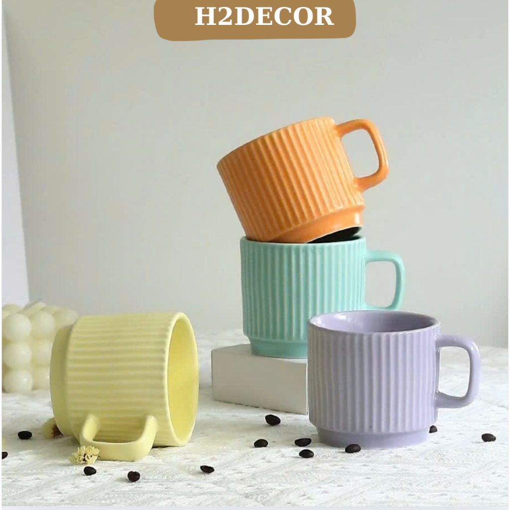 Cốc sứ pastel vân sọc,Cốc cafe,Cốc gốm dung tích 260ml tráng men cao cấp-H2Decor