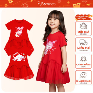  Váy bé gái Tết BOMINES đầm bé gái màu đỏ thun co giãn 4 chiều cho bé 2- 12 tuổi 8- 36kg DLSHLW 