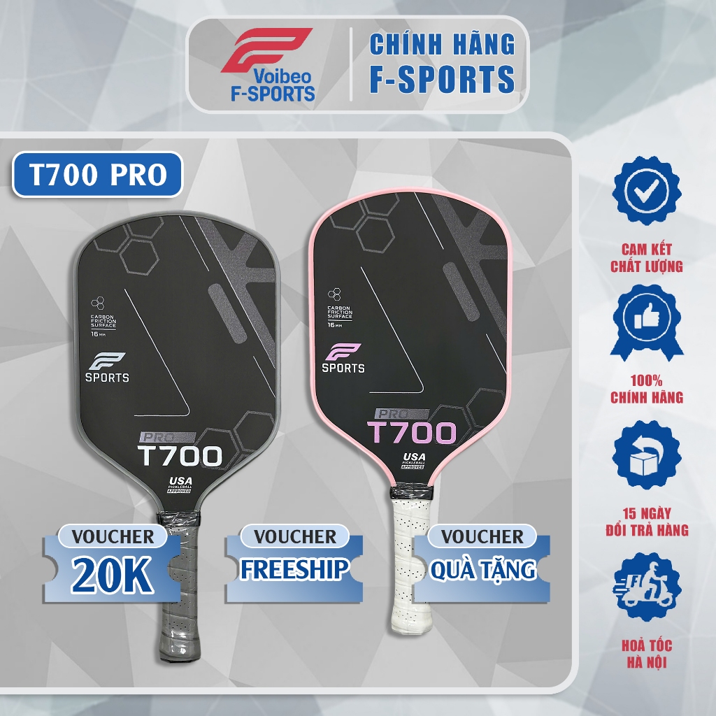 [Hàng Cao Cấp] Vợt Pickleball F-Sports T700 Pro - Carbon T700 Nhám Cao Cấp, Tăng Kiểm Soát Tối Đa, Màu Hồng & Xám