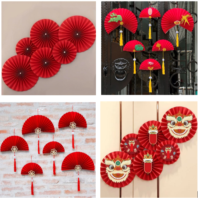 Set 6 quạt đỏ có trang trí mừng tết trang trí quán shop
