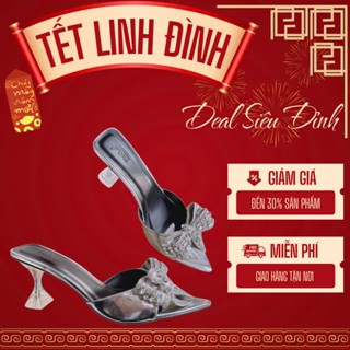  LOVIIECORNER - DÉP BỆT NỮ MŨI NHỌN  - GUỐC NỮ ĐÍNH NƠ PHỐI ĐÁ  HỞ HẬU CAO 7 PHÂN ĐẾ VUÔNG - D241282 - D250143 