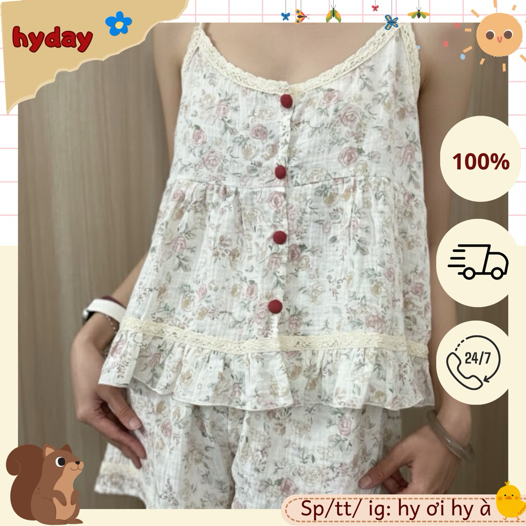 Hyday muslin • bộ đồ mặc nhà, đồ ngủ 2 dây vườn hoa hồng chất xô muslin quần ngắn, nút bọc vải