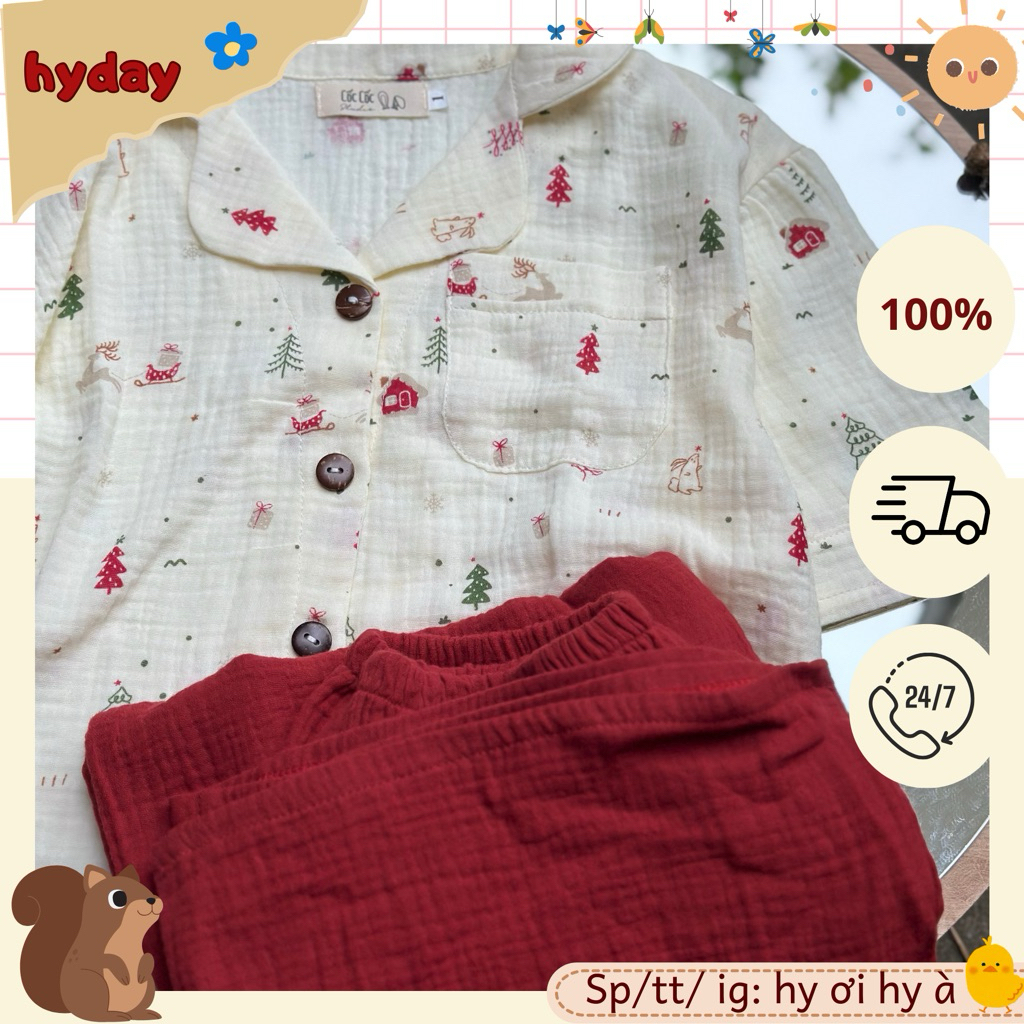 Bộ đồ ngủ nữ dáng dài xô muslin, pijama tay ngắn cổ truyền thống quần dài đỏ đô hoạ tiết Tuần Lộc Hy