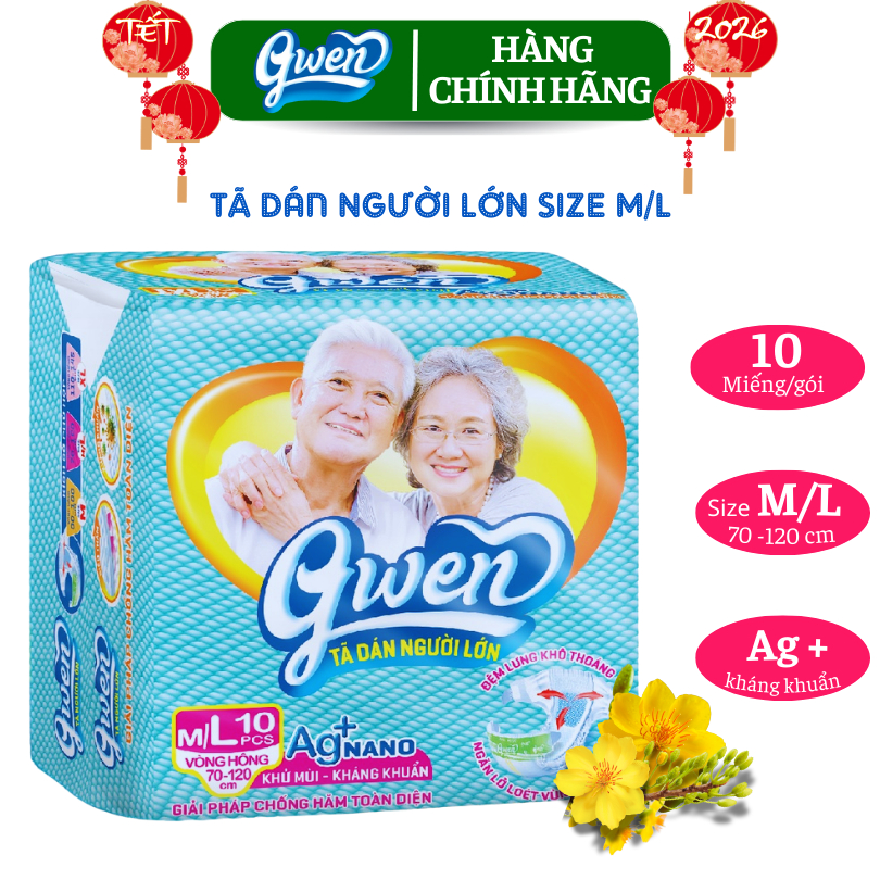 Tã Dán Người Lớn Gwen Size M/L10  Siêu Thấm Khô Thoáng Chống Hăm Khử Mùi