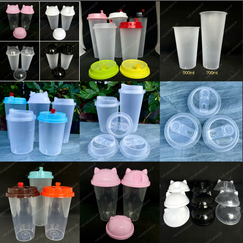 Combo 50 Ly Tim Nắp Tai Mèo 90mm – Ly Nhám Mờ, Trong, Lùn 500ml 700ml