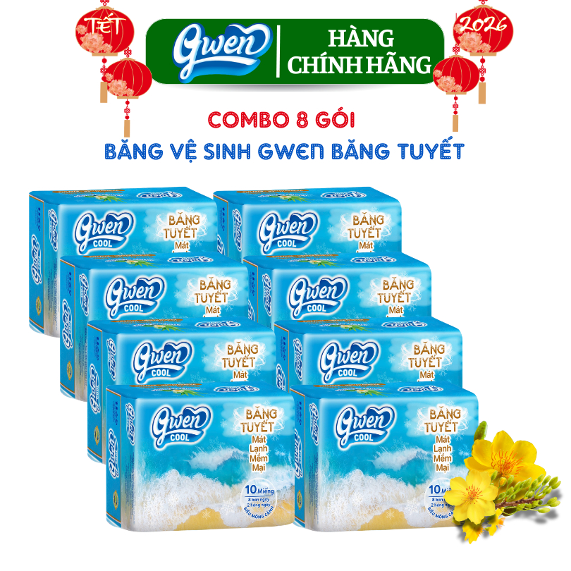 Băng Vệ Sinh Gwen Cool Băng Tuyết 10 Miếng Mặt Vải Có Bạc Hà Mát Lạnh(Combo 8 Gói)