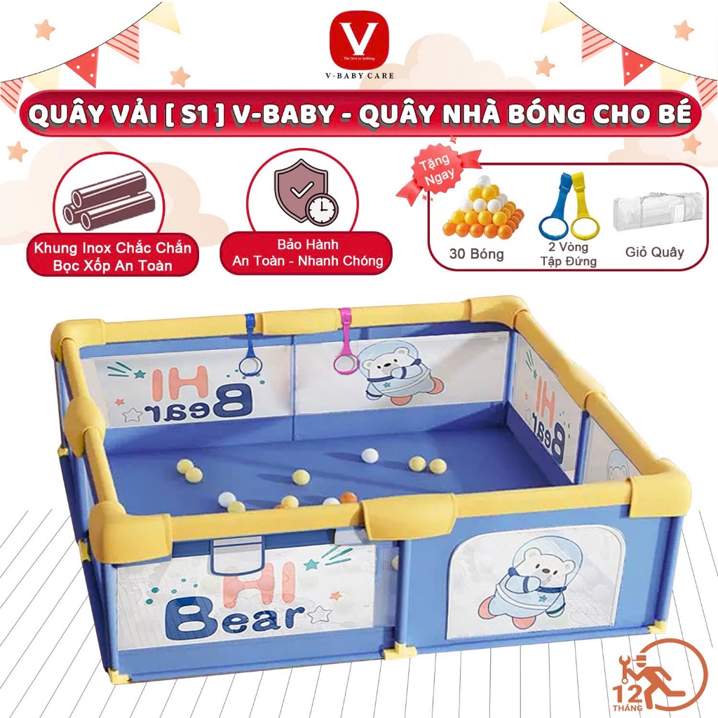 Quây Bóng, Quây Cũi Nhà Bóng V-BABY Gấu Beige Và Gấu Blue Khung Inox Cho Bé Kèm Quà Tặng