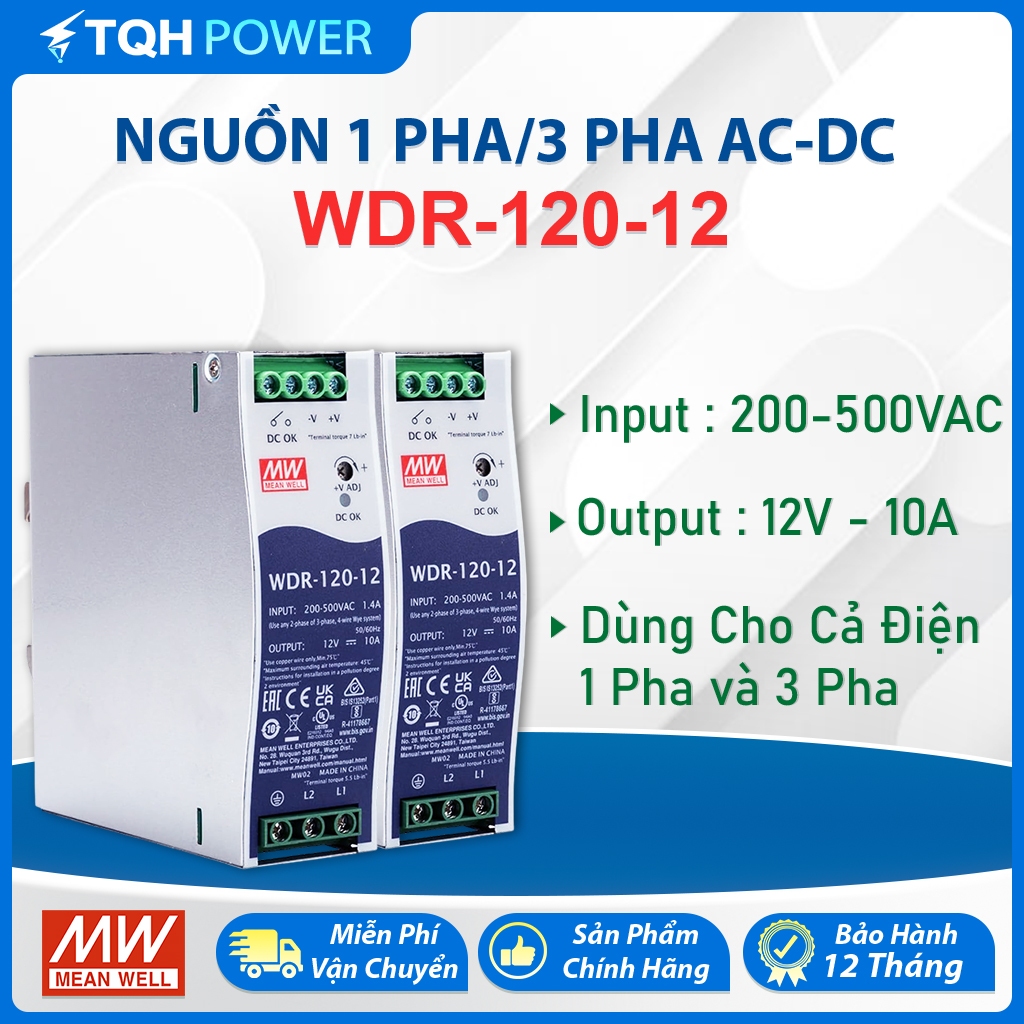 Nguồn AC - DC 3 Pha/1 Pha Mean Well WDR-120-12 ( 12V 10A )  Input 180–550VAC - Hàng Chính Hãng