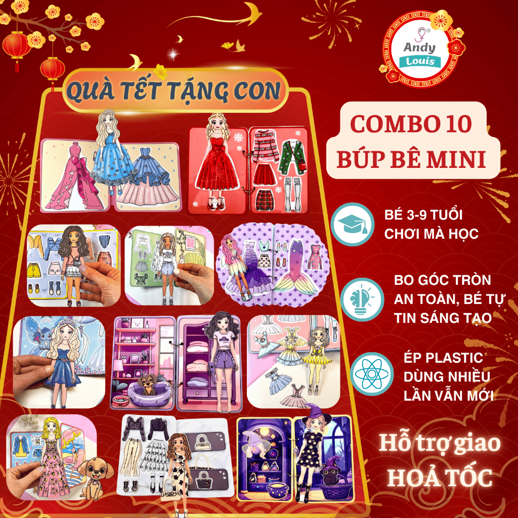 COMBO 10 Búp Bê Giấy Mini Cho Bé Gái, Quà Tặng Cho Bé Hình Dán Búp Bê Thay Đồ Andy Louis