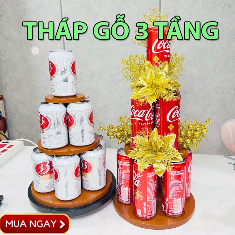 Tháp gỗ 3 tầng hình tròn & hoa, tháp bày bia nước ngọt, tháp giả gỗ 3 tầng trưng bày ngày tết bàn th