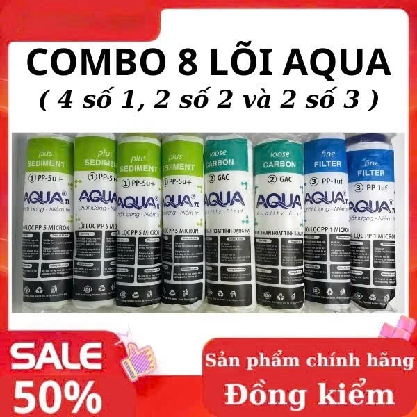 Combo 8 lõi lọc nước 123 Aqua - Gồm 4 lõi số 1, 2 lõi số 2, 2 lõi số 3