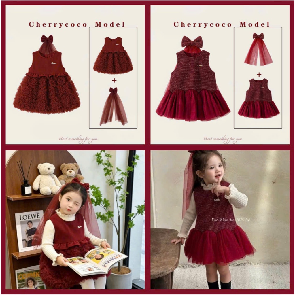 Váy bé gái kèm nơ Cherry Coco đầm tiểu thư ren đỏ bé gái diện Tết