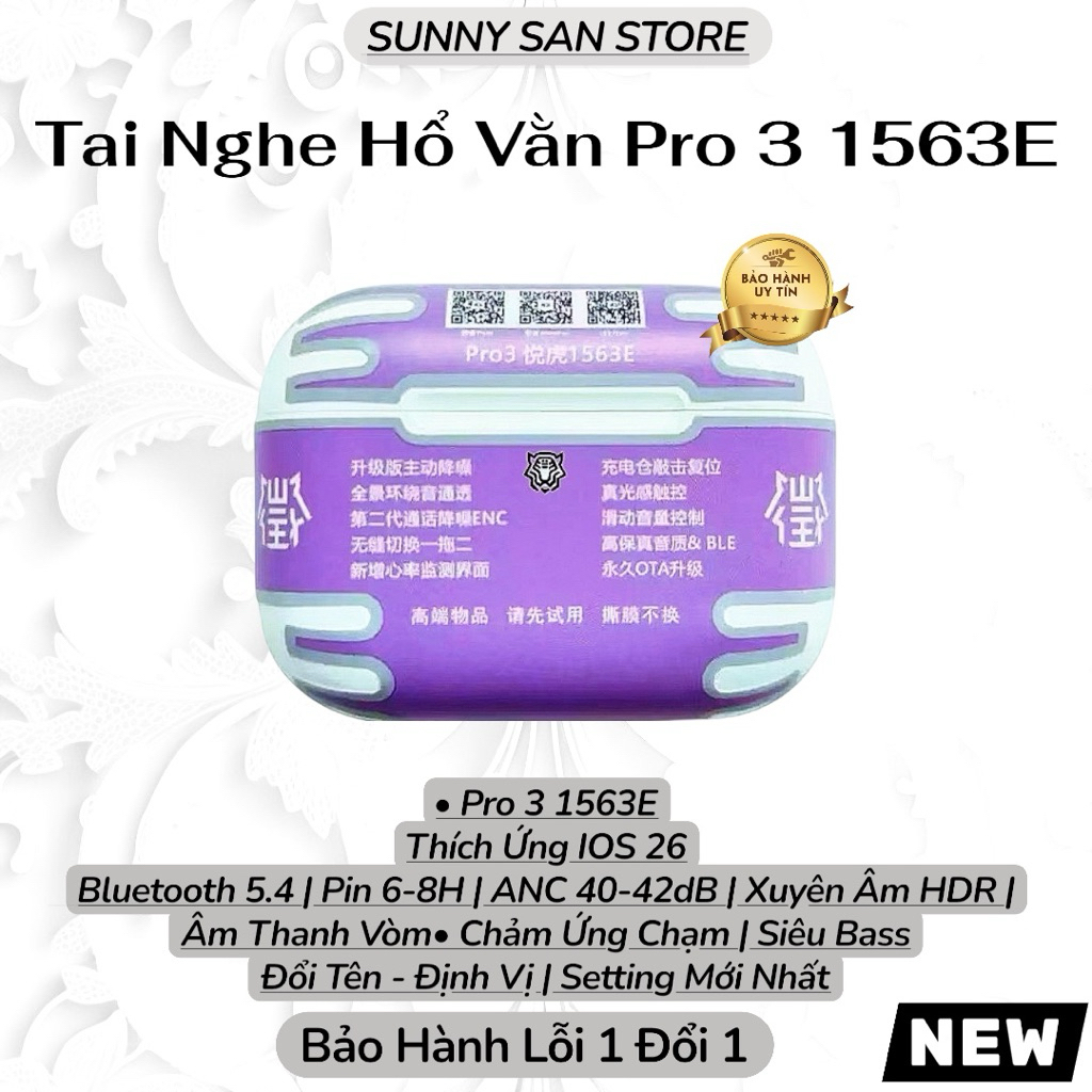 [ Pro 3 1563E ] Tai Nghe Bluetooth 1563E Hổ Vằn ANC 40dB - Vuốt Âm Thanh Trên Tai, Cảm Ứng Nhịp Tim