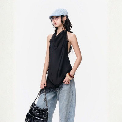 TUBYCATU Áo Yếm Muse Lace Hở Lưng Cổ Đổ Vạt Xéo Phối Ren